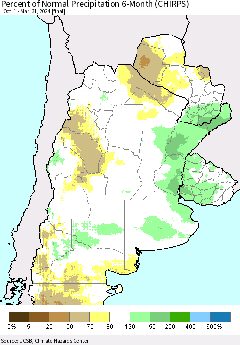 Southern South America Percent of Normal Precipitation 6-Month (CHIRPS) Thematic Map For 10/1/2023 - 3/31/2024