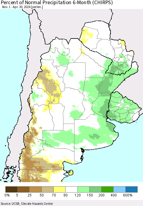 Southern South America Percent of Normal Precipitation 6-Month (CHIRPS) Thematic Map For 11/1/2023 - 4/30/2024