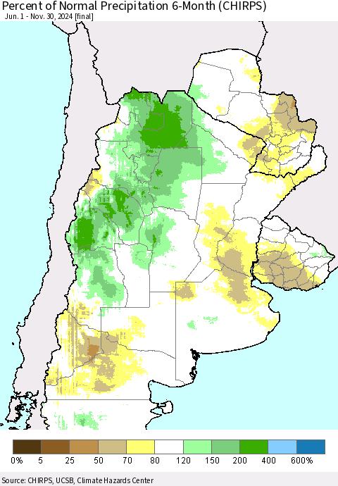 Southern South America Percent of Normal Precipitation 6-Month (CHIRPS) Thematic Map For 6/1/2024 - 11/30/2024