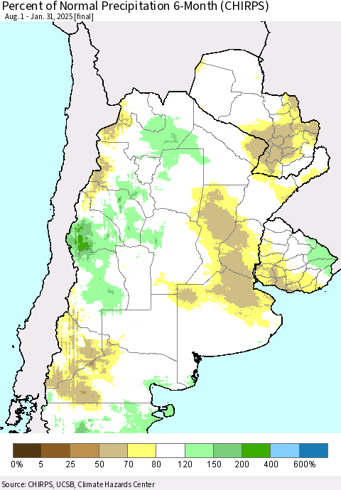 Southern South America Percent of Normal Precipitation 6-Month (CHIRPS) Thematic Map For 8/1/2024 - 1/31/2025