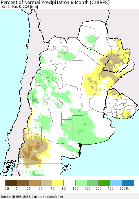Southern South America Percent of Normal Precipitation 6-Month (CHIRPS) Thematic Map For 10/1/2024 - 3/31/2025