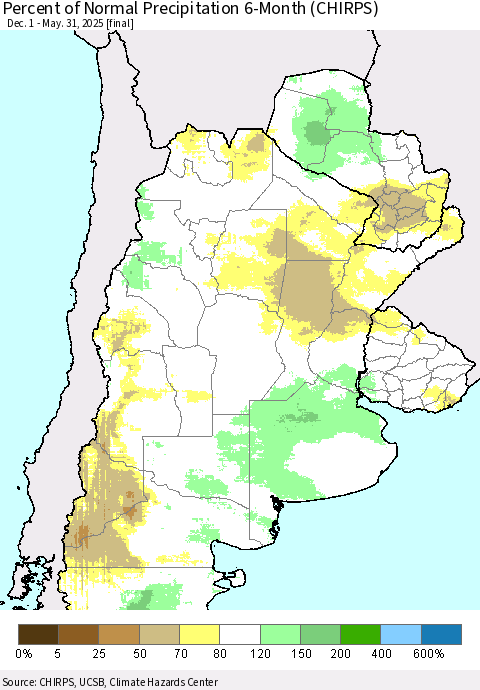 Southern South America Percent of Normal Precipitation 6-Month (CHIRPS) Thematic Map For 12/1/2024 - 5/31/2025
