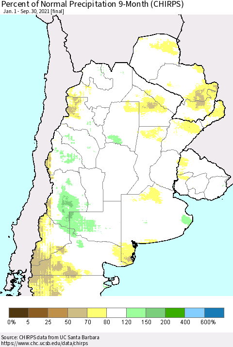 Southern South America Percent of Normal Precipitation 9-Month (CHIRPS) Thematic Map For 1/1/2021 - 9/30/2021