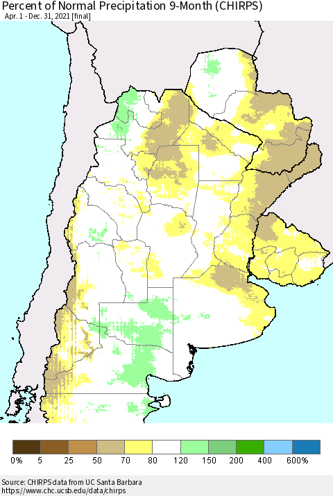 Southern South America Percent of Normal Precipitation 9-Month (CHIRPS) Thematic Map For 4/1/2021 - 12/31/2021