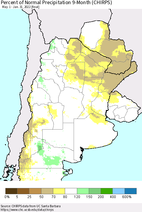 Southern South America Percent of Normal Precipitation 9-Month (CHIRPS) Thematic Map For 5/1/2021 - 1/31/2022