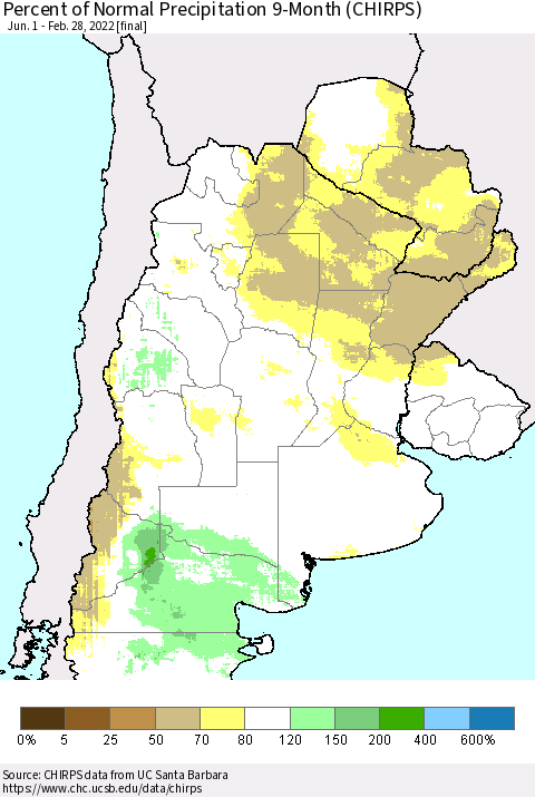 Southern South America Percent of Normal Precipitation 9-Month (CHIRPS) Thematic Map For 6/1/2021 - 2/28/2022
