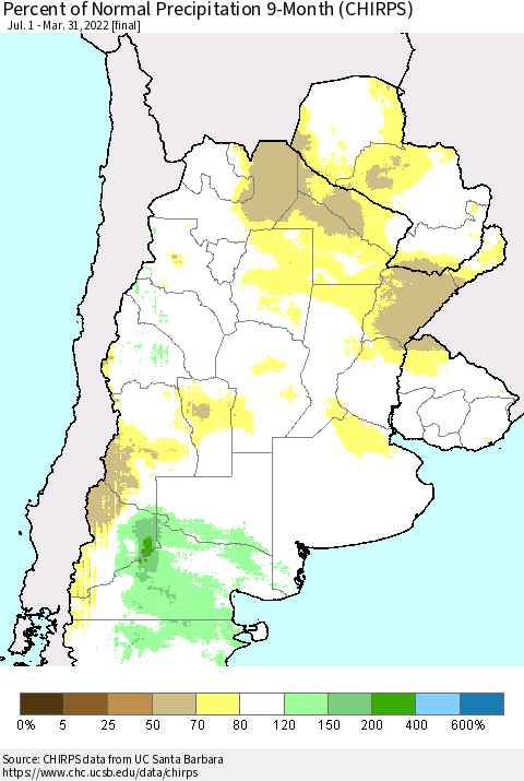 Southern South America Percent of Normal Precipitation 9-Month (CHIRPS) Thematic Map For 7/1/2021 - 3/31/2022