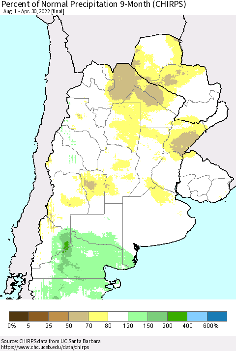 Southern South America Percent of Normal Precipitation 9-Month (CHIRPS) Thematic Map For 8/1/2021 - 4/30/2022