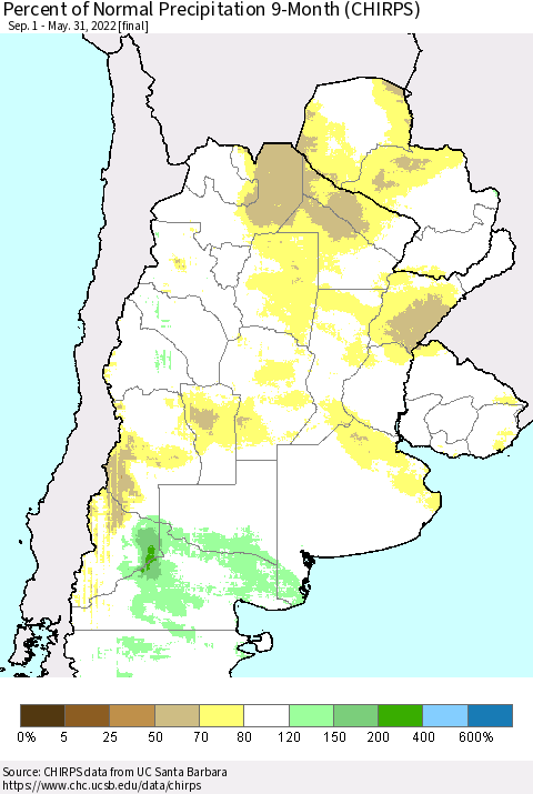 Southern South America Percent of Normal Precipitation 9-Month (CHIRPS) Thematic Map For 9/1/2021 - 5/31/2022