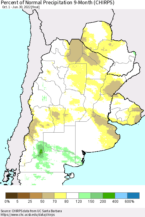 Southern South America Percent of Normal Precipitation 9-Month (CHIRPS) Thematic Map For 10/1/2021 - 6/30/2022