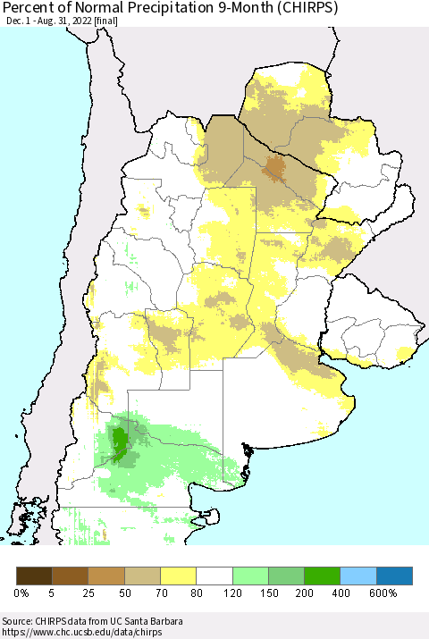 Southern South America Percent of Normal Precipitation 9-Month (CHIRPS) Thematic Map For 12/1/2021 - 8/31/2022
