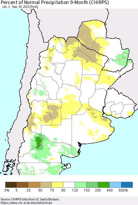 Southern South America Percent of Normal Precipitation 9-Month (CHIRPS) Thematic Map For 1/1/2022 - 9/30/2022