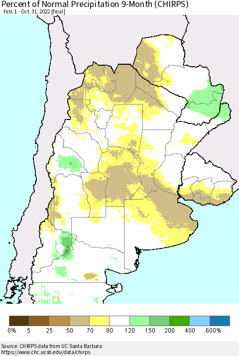 Southern South America Percent of Normal Precipitation 9-Month (CHIRPS) Thematic Map For 2/1/2022 - 10/31/2022