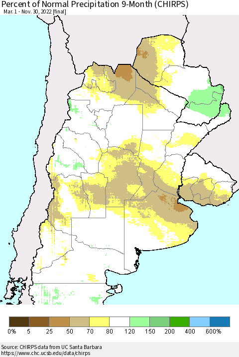 Southern South America Percent of Normal Precipitation 9-Month (CHIRPS) Thematic Map For 3/1/2022 - 11/30/2022