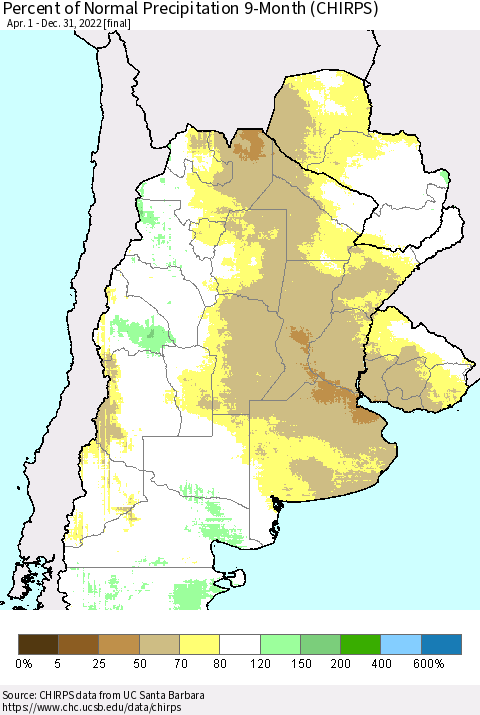 Southern South America Percent of Normal Precipitation 9-Month (CHIRPS) Thematic Map For 4/1/2022 - 12/31/2022