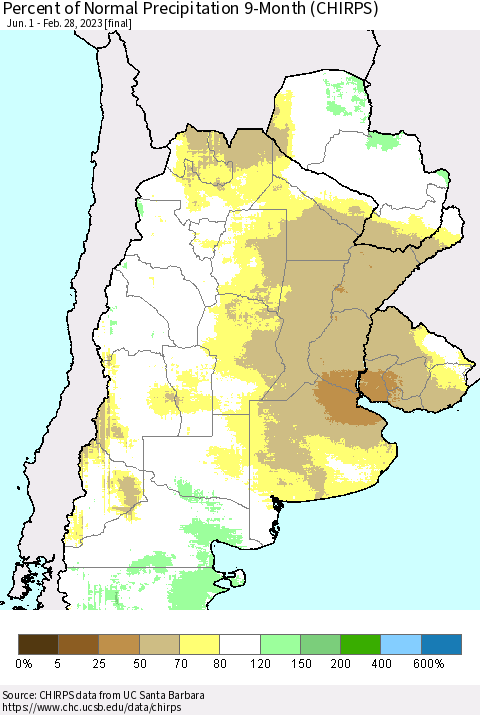 Southern South America Percent of Normal Precipitation 9-Month (CHIRPS) Thematic Map For 6/1/2022 - 2/28/2023