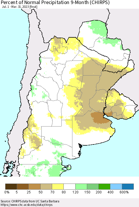 Southern South America Percent of Normal Precipitation 9-Month (CHIRPS) Thematic Map For 7/1/2022 - 3/31/2023
