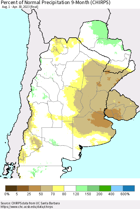 Southern South America Percent of Normal Precipitation 9-Month (CHIRPS) Thematic Map For 8/1/2022 - 4/30/2023