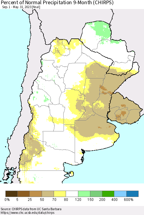 Southern South America Percent of Normal Precipitation 9-Month (CHIRPS) Thematic Map For 9/1/2022 - 5/31/2023