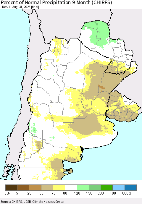 Southern South America Percent of Normal Precipitation 9-Month (CHIRPS) Thematic Map For 12/1/2022 - 8/31/2023