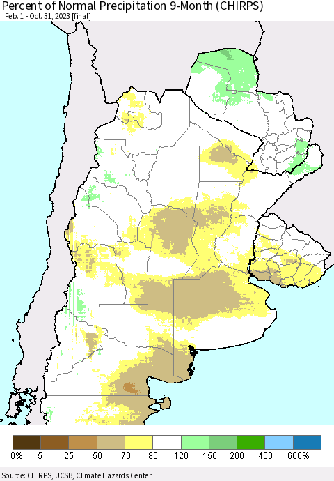 Southern South America Percent of Normal Precipitation 9-Month (CHIRPS) Thematic Map For 2/1/2023 - 10/31/2023