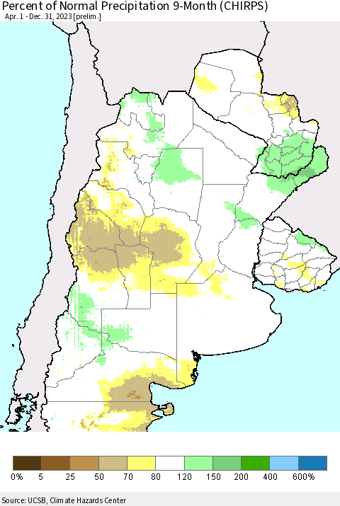 Southern South America Percent of Normal Precipitation 9-Month (CHIRPS) Thematic Map For 4/1/2023 - 12/31/2023
