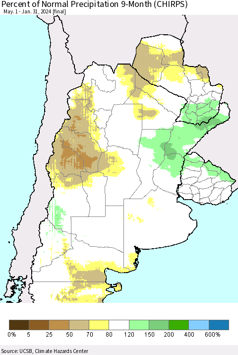 Southern South America Percent of Normal Precipitation 9-Month (CHIRPS) Thematic Map For 5/1/2023 - 1/31/2024