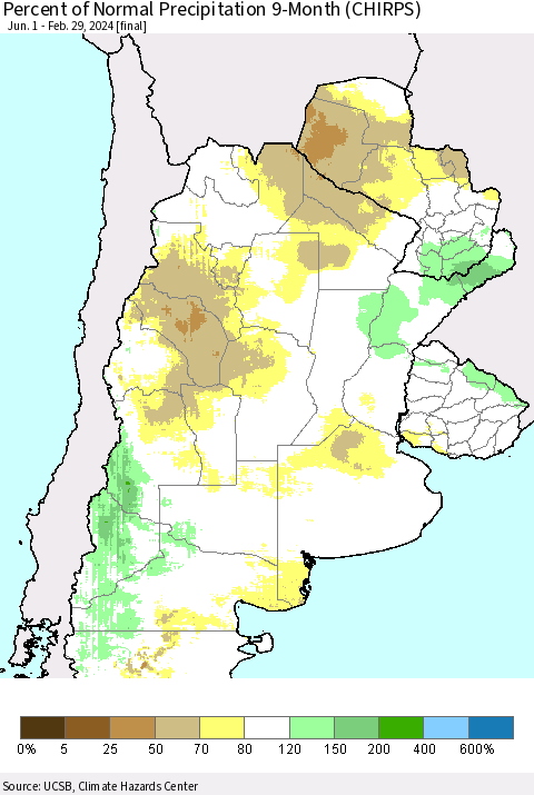 Southern South America Percent of Normal Precipitation 9-Month (CHIRPS) Thematic Map For 6/1/2023 - 2/29/2024