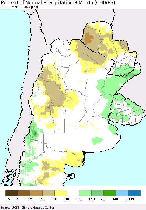 Southern South America Percent of Normal Precipitation 9-Month (CHIRPS) Thematic Map For 7/1/2023 - 3/31/2024