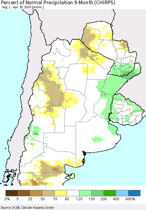 Southern South America Percent of Normal Precipitation 9-Month (CHIRPS) Thematic Map For 8/1/2023 - 4/30/2024