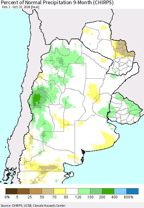 Southern South America Percent of Normal Precipitation 9-Month (CHIRPS) Thematic Map For 2/1/2024 - 10/31/2024