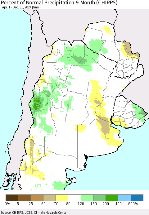 Southern South America Percent of Normal Precipitation 9-Month (CHIRPS) Thematic Map For 4/1/2024 - 12/31/2024