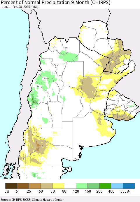 Southern South America Percent of Normal Precipitation 9-Month (CHIRPS) Thematic Map For 6/1/2024 - 2/28/2025