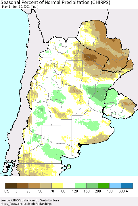 Southern South America Seasonal Percent of Normal Precipitation (CHIRPS) Thematic Map For 5/1/2021 - 6/10/2021