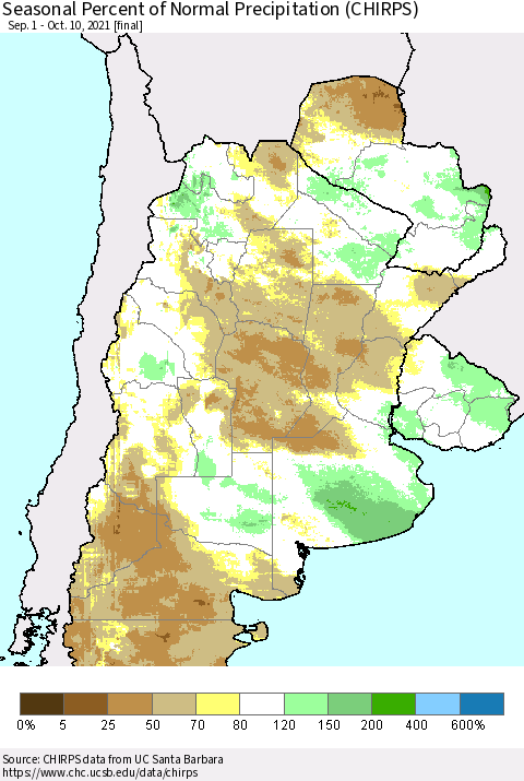 Southern South America Seasonal Percent of Normal Precipitation (CHIRPS) Thematic Map For 9/1/2021 - 10/10/2021