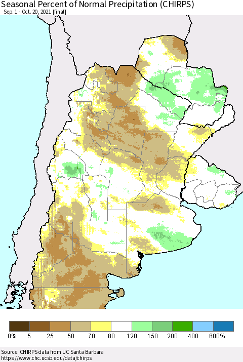 Southern South America Seasonal Percent of Normal Precipitation (CHIRPS) Thematic Map For 9/1/2021 - 10/20/2021