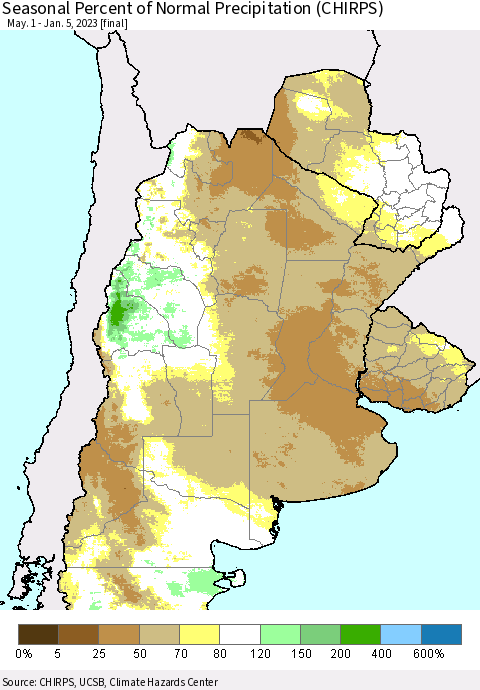 Southern South America Seasonal Percent of Normal Precipitation (CHIRPS) Thematic Map For 5/1/2022 - 1/5/2023