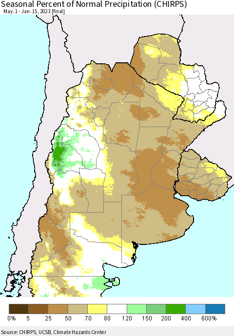 Southern South America Seasonal Percent of Normal Precipitation (CHIRPS) Thematic Map For 5/1/2022 - 1/15/2023