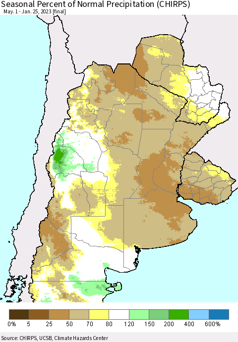Southern South America Seasonal Percent of Normal Precipitation (CHIRPS) Thematic Map For 5/1/2022 - 1/25/2023