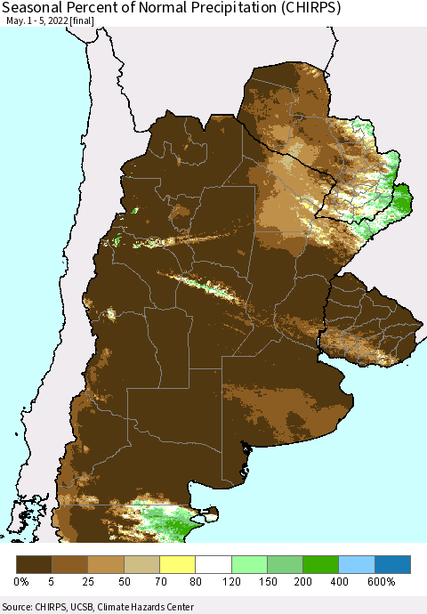 Southern South America Seasonal Percent of Normal Precipitation (CHIRPS) Thematic Map For 5/1/2022 - 5/5/2022