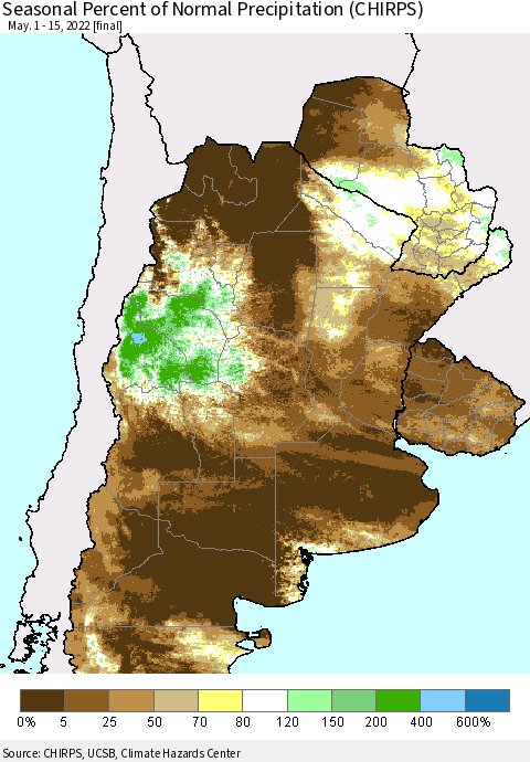 Southern South America Seasonal Percent of Normal Precipitation (CHIRPS) Thematic Map For 5/1/2022 - 5/15/2022