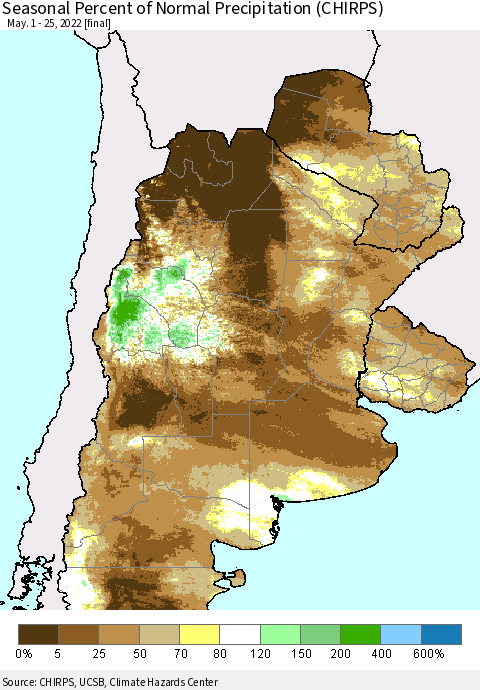 Southern South America Seasonal Percent of Normal Precipitation (CHIRPS) Thematic Map For 5/1/2022 - 5/25/2022