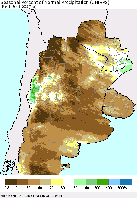 Southern South America Seasonal Percent of Normal Precipitation (CHIRPS) Thematic Map For 5/1/2022 - 6/5/2022