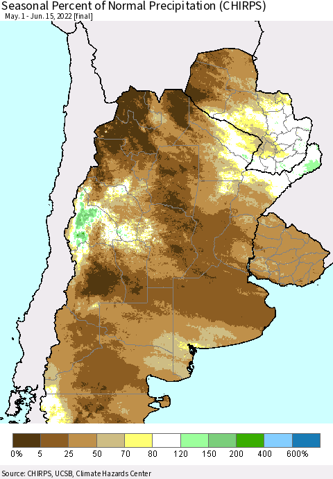 Southern South America Seasonal Percent of Normal Precipitation (CHIRPS) Thematic Map For 5/1/2022 - 6/15/2022
