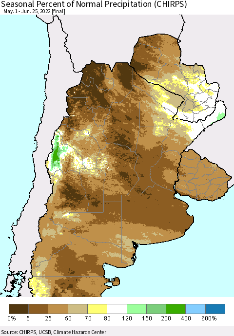 Southern South America Seasonal Percent of Normal Precipitation (CHIRPS) Thematic Map For 5/1/2022 - 6/25/2022