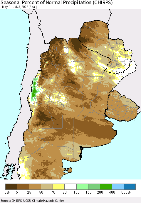 Southern South America Seasonal Percent of Normal Precipitation (CHIRPS) Thematic Map For 5/1/2022 - 7/5/2022