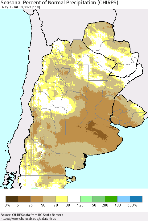 Southern South America Seasonal Percent of Normal Precipitation (CHIRPS) Thematic Map For 5/1/2022 - 7/10/2022