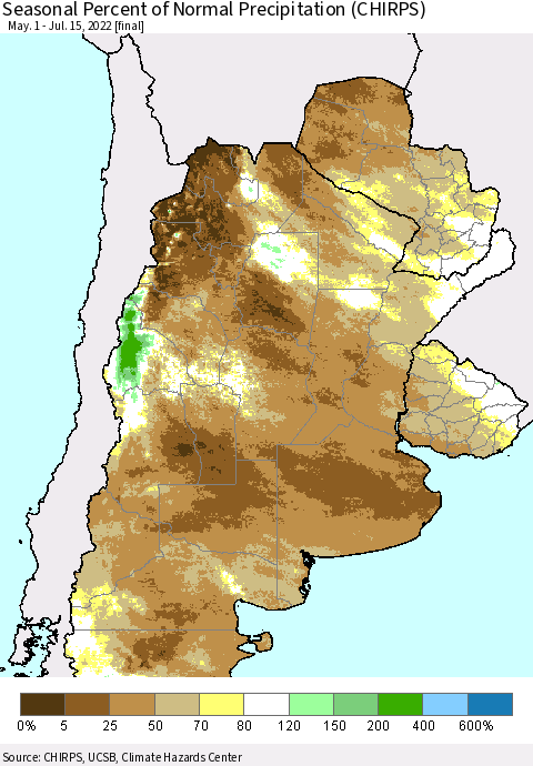 Southern South America Seasonal Percent of Normal Precipitation (CHIRPS) Thematic Map For 5/1/2022 - 7/15/2022