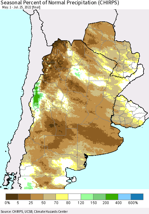 Southern South America Seasonal Percent of Normal Precipitation (CHIRPS) Thematic Map For 5/1/2022 - 7/25/2022
