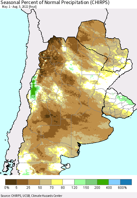 Southern South America Seasonal Percent of Normal Precipitation (CHIRPS) Thematic Map For 5/1/2022 - 8/5/2022